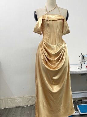 Elegant Champagne Satin Corset Prom Dress with Draped Skirt
